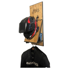 Wall Mounted Helmet Rack with Coat Hook – Wooden Motorcycle Gear Organizer