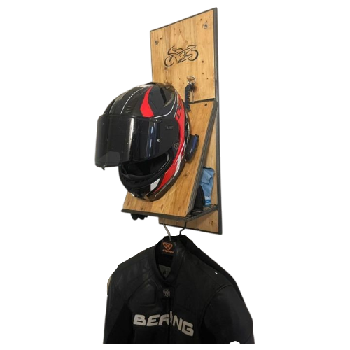 Wall Mounted Helmet Rack with Coat Hook – Wooden Motorcycle Gear Organizer