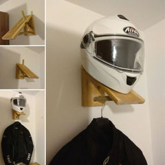 Wall Mounted Helmet Rack with Coat Hook – Wooden Motorcycle Gear Organizer