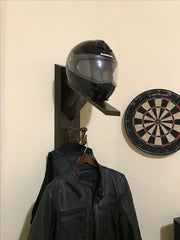 Wall Mounted Helmet Rack with Coat Hook – Wooden Motorcycle Gear Organizer