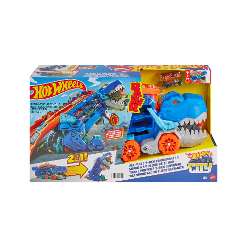 Hot Wheels City Ultimate Hauler T-Rex Truck – Transforming Car Carrier Toy with Storage for 20 Cars